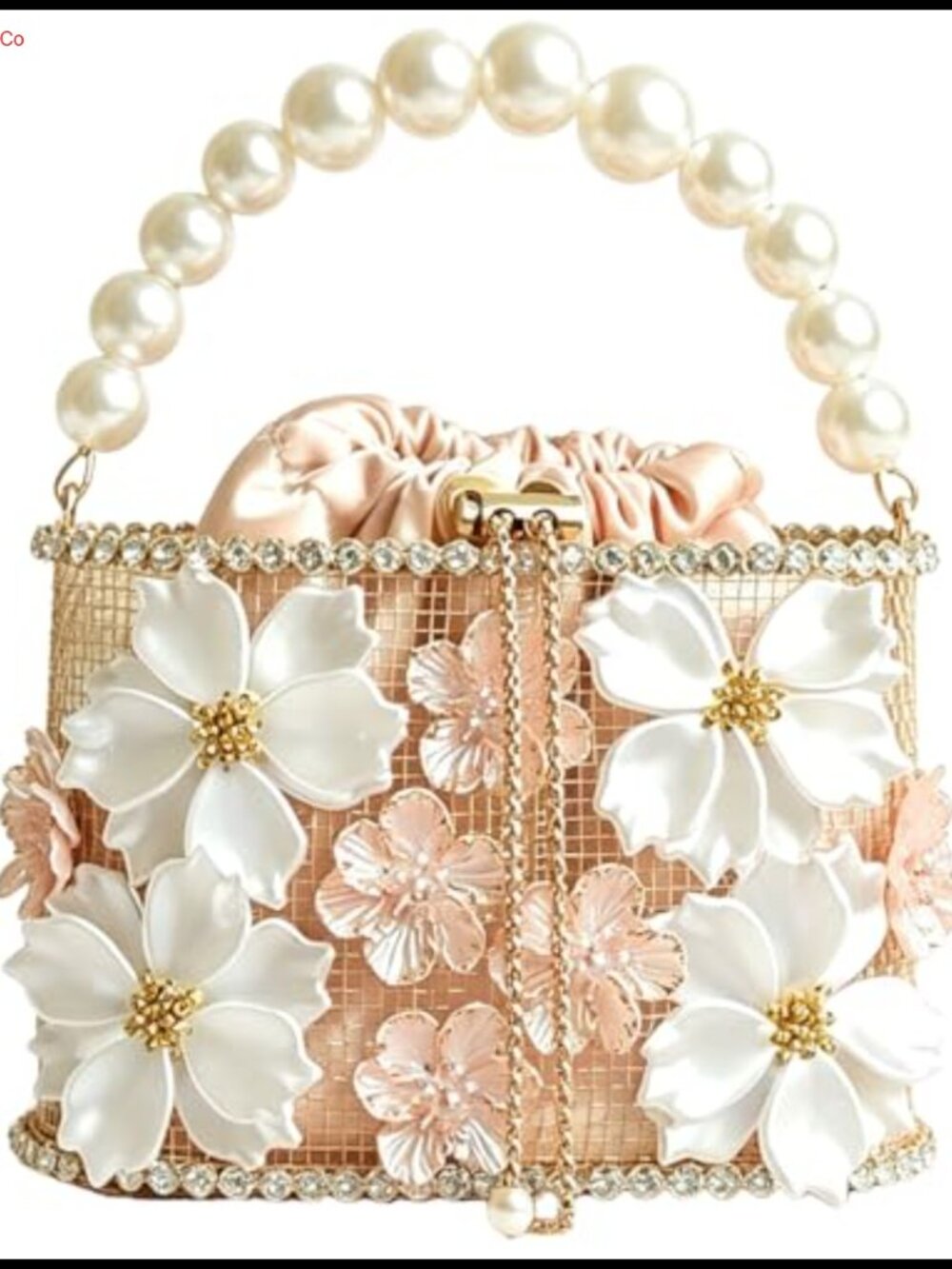 Rhinestone Floral Clutch Evening Bag with Pearl Handle